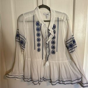 Derek Lam White and Blue Embroidered Blouse